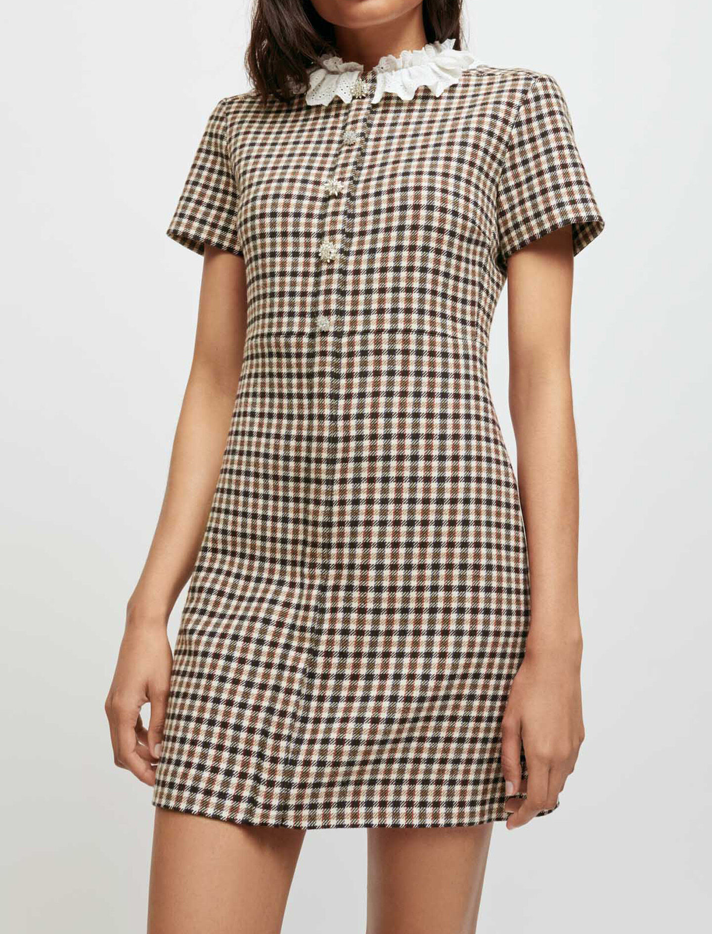 121RITAE Checked dress with lace collar ...
